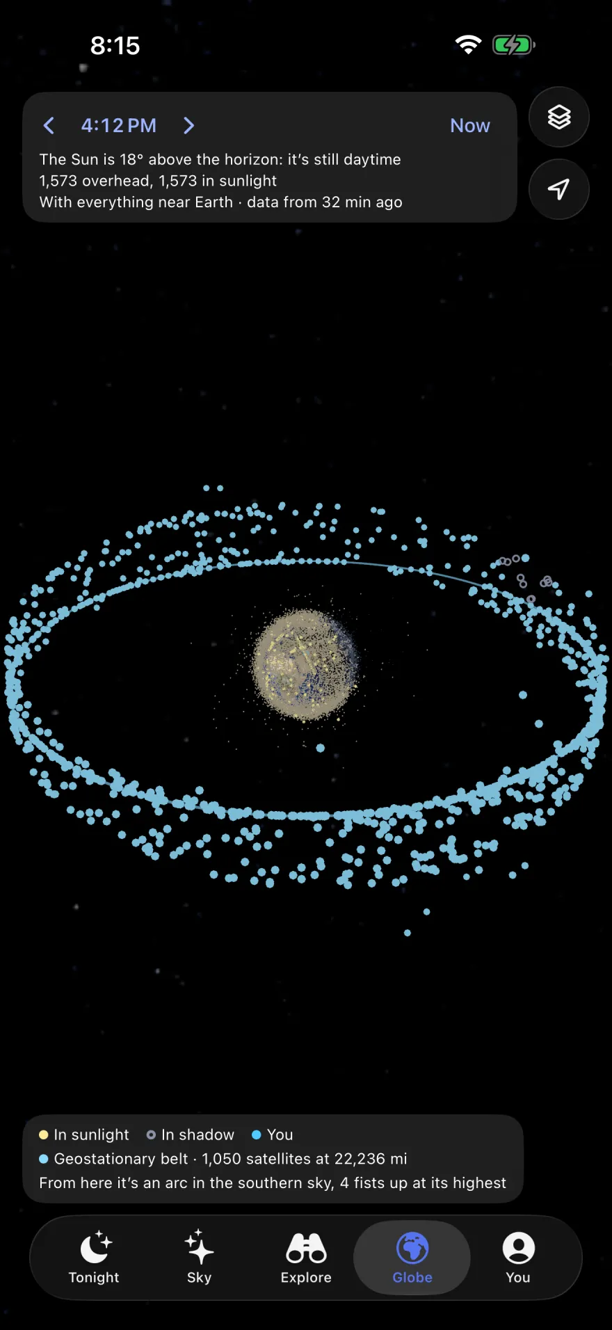 The geostationary belt: a small Earth inside a tilted ring of light-blue dots. “From here it’s an arc in the southern sky, 4 fists up at its highest.”