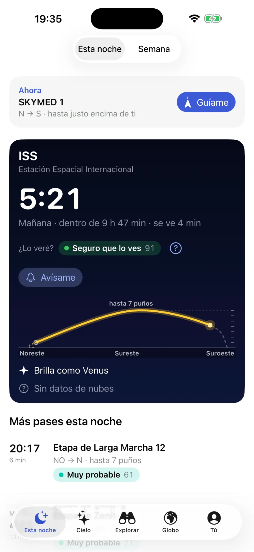 La tarjeta de «Esta noche» para la ISS: mañana a las 5:21, dentro de 9 h 47 min, se ve 4 minutos. ¿Lo veré? Seguro que lo ves, 91. Un botón Avísame y el pase dibujado como un arco dorado desde el suroeste, hasta 7 puños por el sureste, hasta el noreste. Brilla como Venus. Sin datos de nubes.
